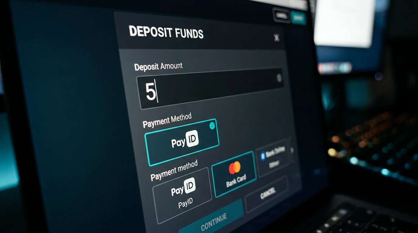 Casino cashier deposit field showing five dollars typed in with PayID payment method selected on a dark interface
