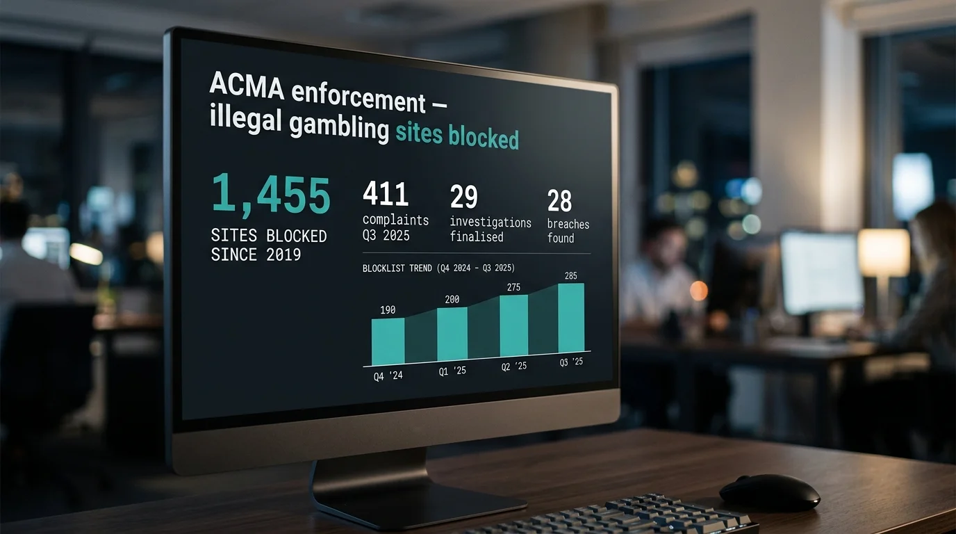 ACMA enforcement bulletin showing illegal gambling site blocking statistics