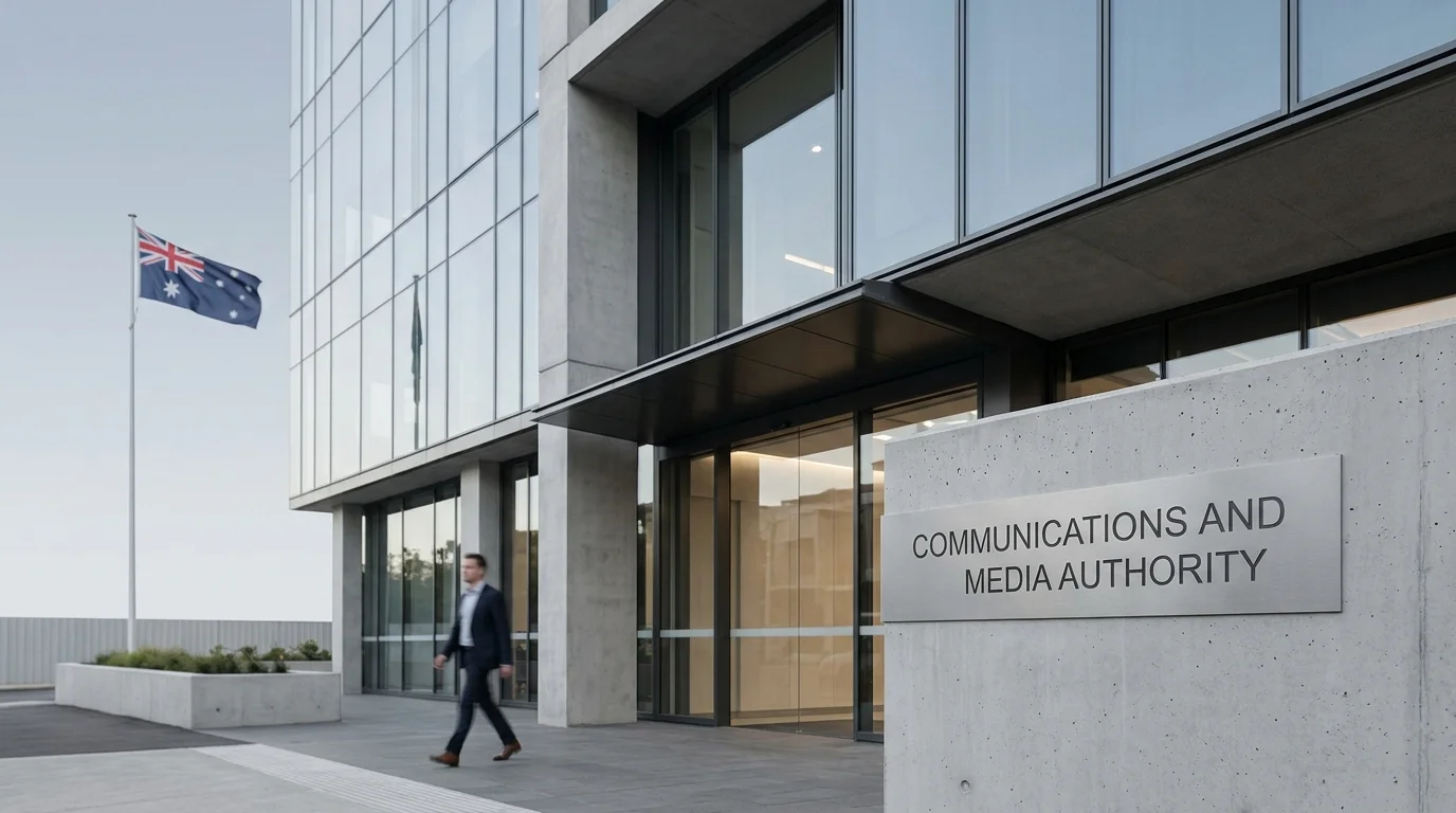 Australian Communications and Media Authority headquarters building exterior with the ACMA signage visible, photographed in clean daylight.