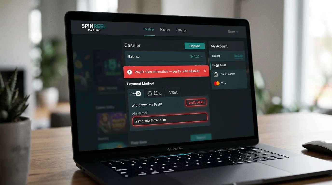 Online casino cashier showing an error message that the entered PayID alias does not match the merchant on file