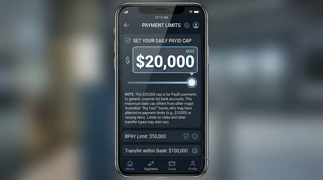 Banking app limit page showing the maximum daily PayID cap of twenty thousand dollars on a smartphone screen