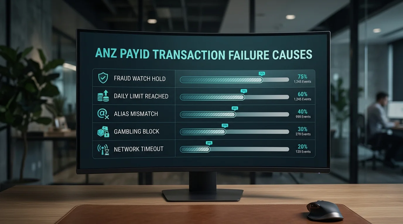 List of common ANZ PayID casino transaction failure causes with frequency bars on a dark editorial dashboard