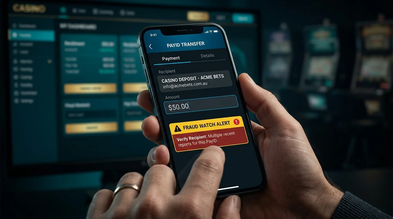 Generic Australian banking app PayID transfer screen with ANZ-style blue accents and a fraud watch alert badge