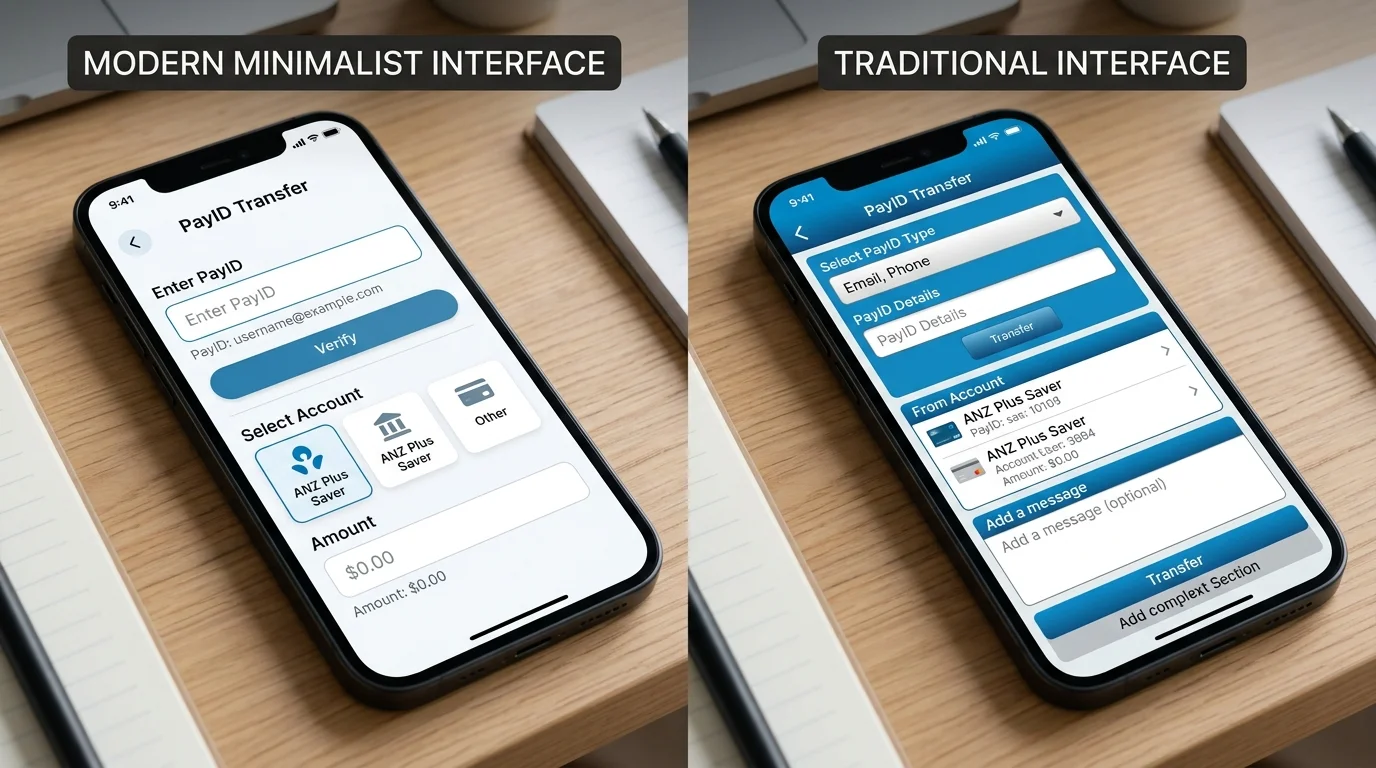 Side-by-side comparison of generic ANZ Plus modern interface and a traditional ANZ banking app for PayID transfers