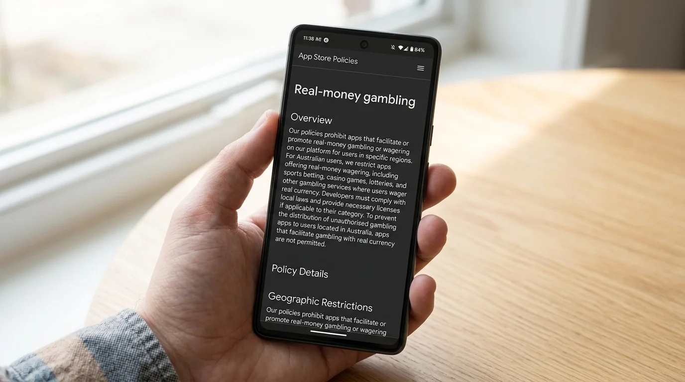 Mobile app store policy page in dark mode highlighting the prohibition of real-money gambling apps for Australian users