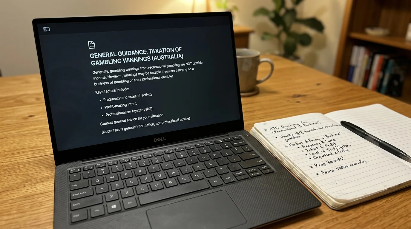 Australian Taxation Office guidance page on gambling income opened on a laptop beside handwritten notes