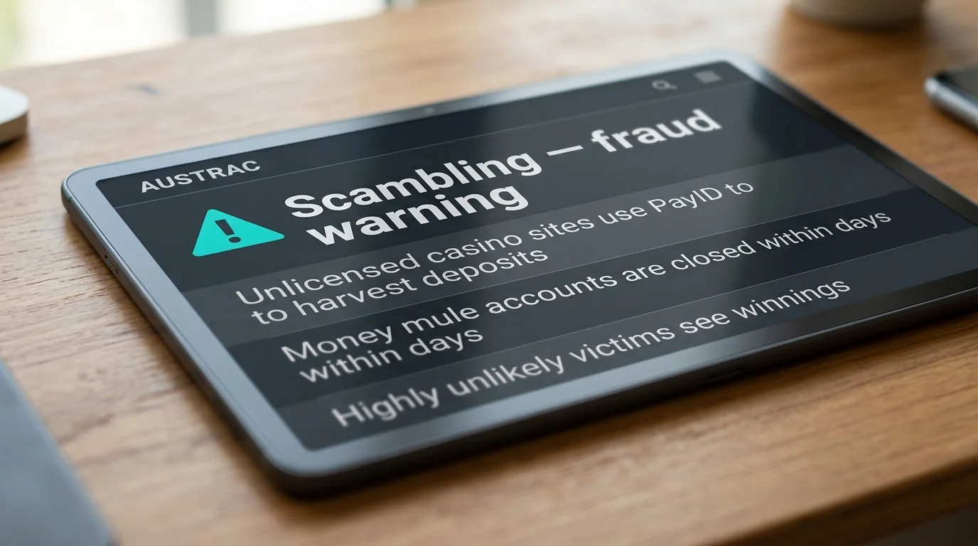 AUSTRAC scambling fraud warning with PayID misuse pattern explanation