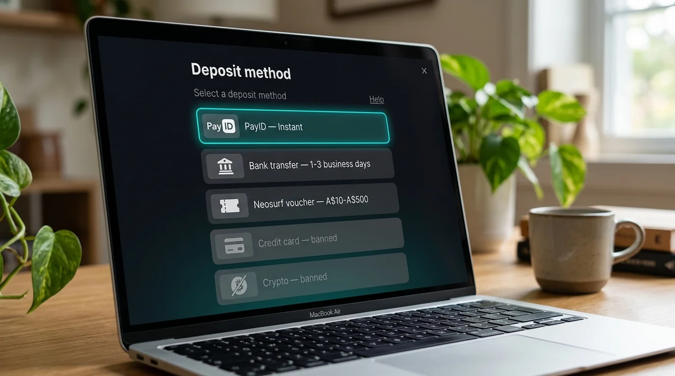 Australian casino deposit page showing surviving payment methods in 2026