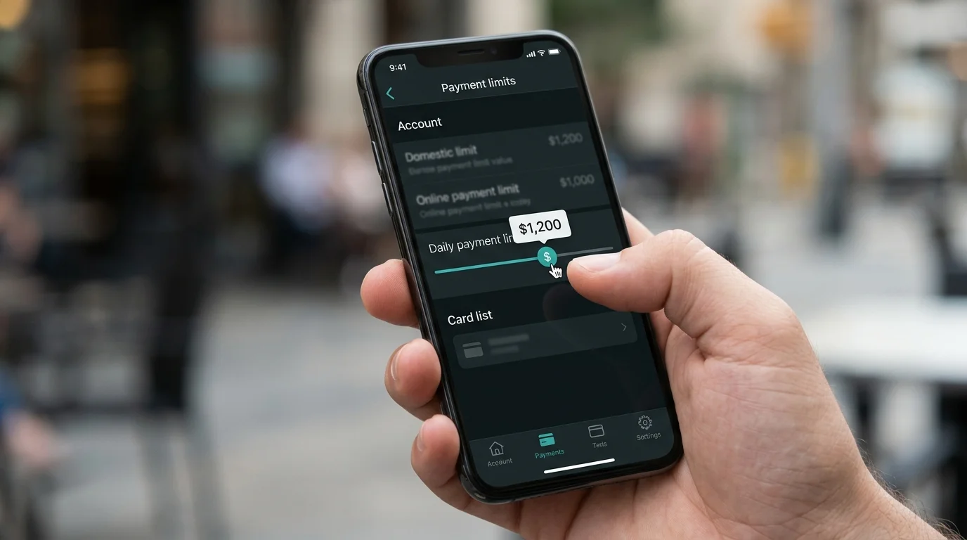 Banking app payment limit settings screen with a daily limit toggle being raised by a user