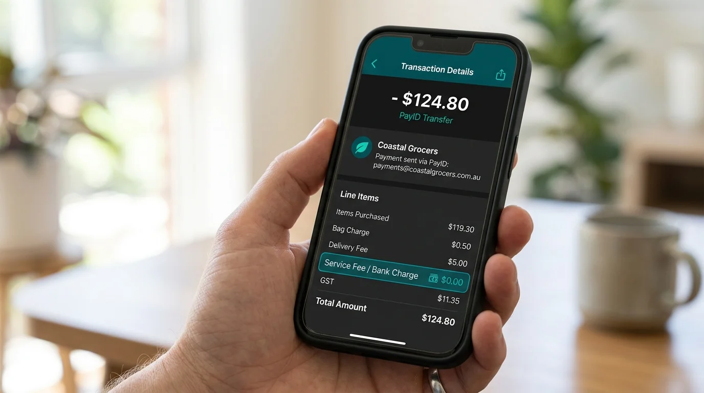Banking app transaction detail page showing a PayID transfer with a zero fee line at the bottom of the receipt