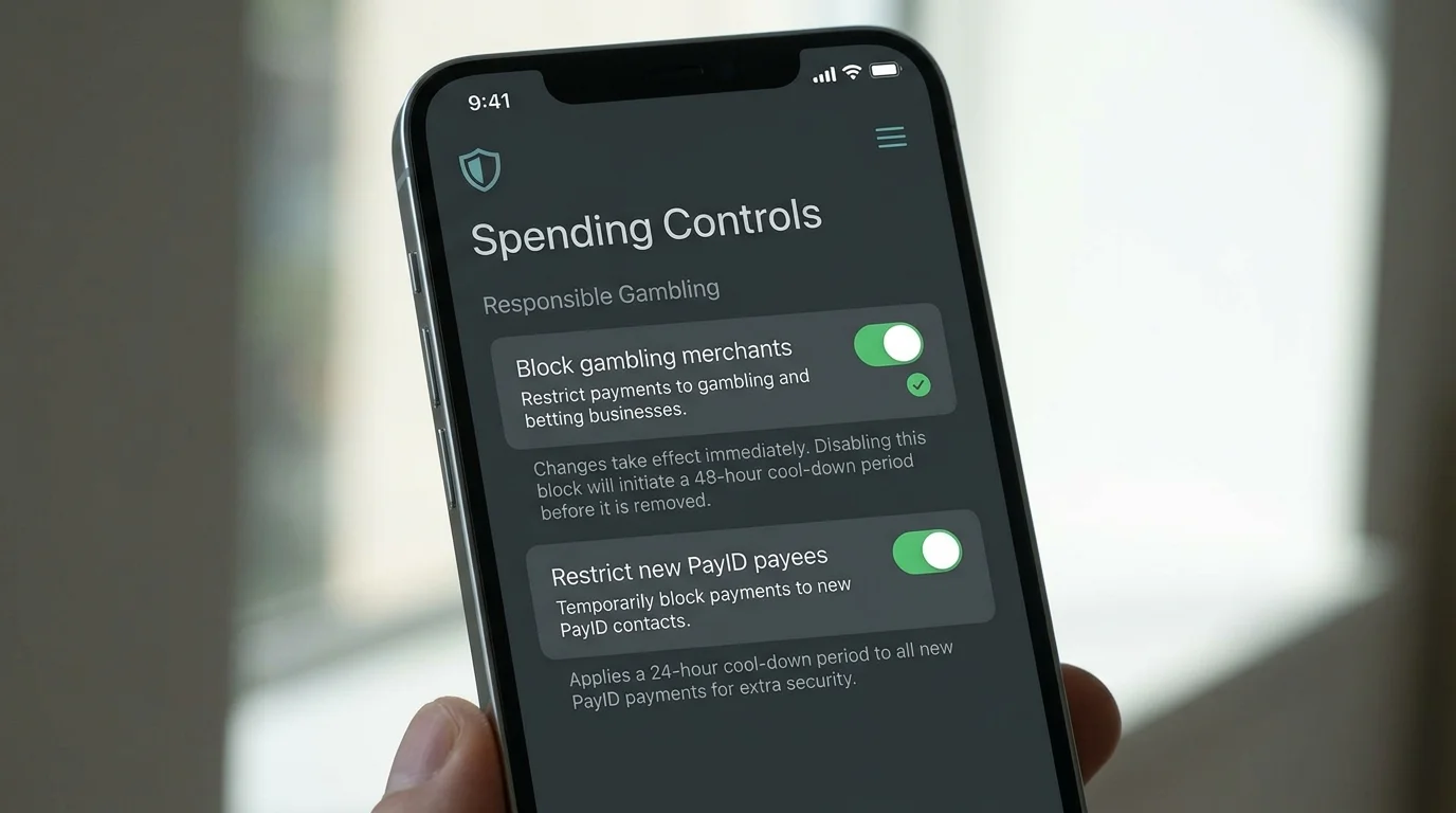 Banking app gambling block control panel with toggles for MCC merchant codes and PayID payee restrictions