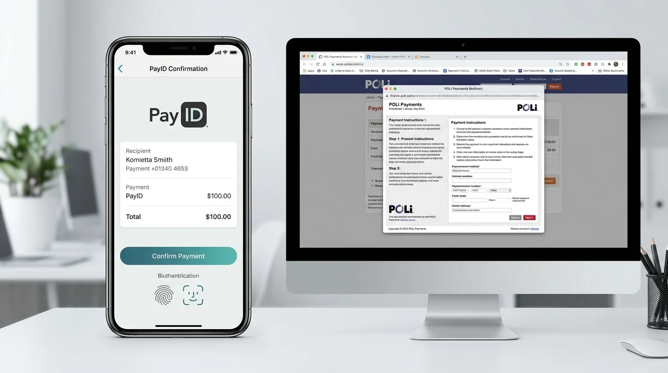 Smartphone banking app showing a clean PayID confirmation prompt beside a legacy POLi redirect screenshot