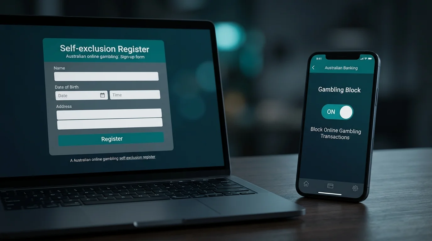 Generic Australian self-exclusion register sign-up page on a laptop screen beside a banking app gambling block toggle on a smartphone