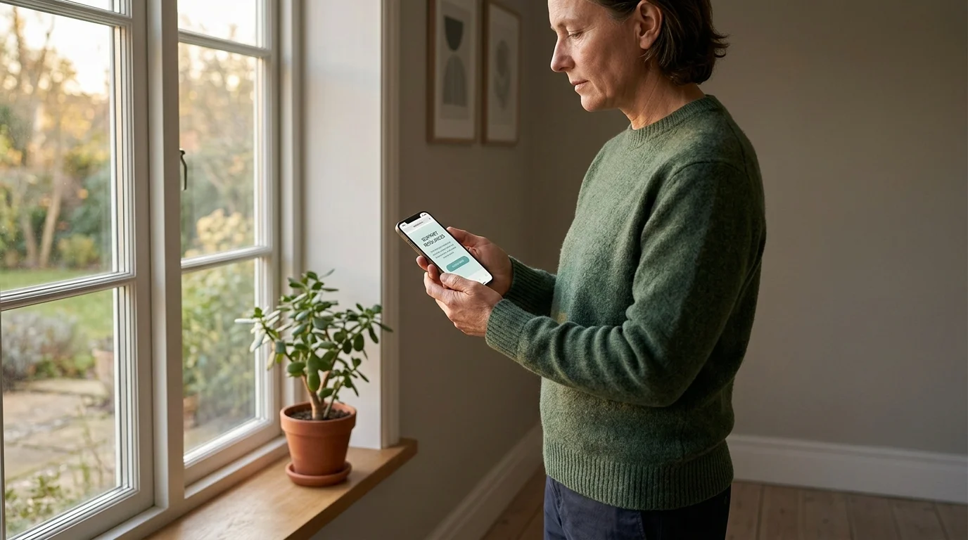 Person at a window in soft late-afternoon light, smartphone in hand opened to a calm self-help support page, the mood reflective and steady.