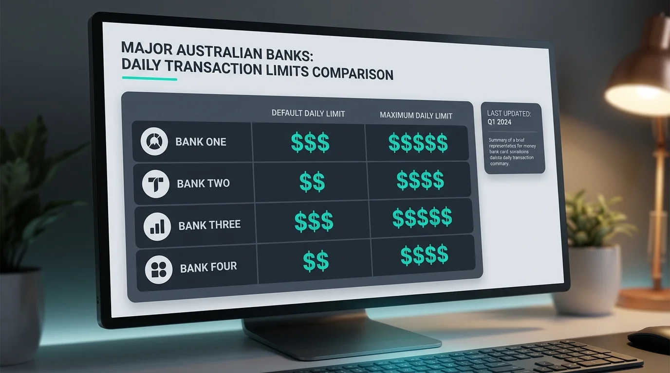 Comparison table of daily PayID limits across CommBank, Westpac, NAB and ANZ in a dark dashboard layout