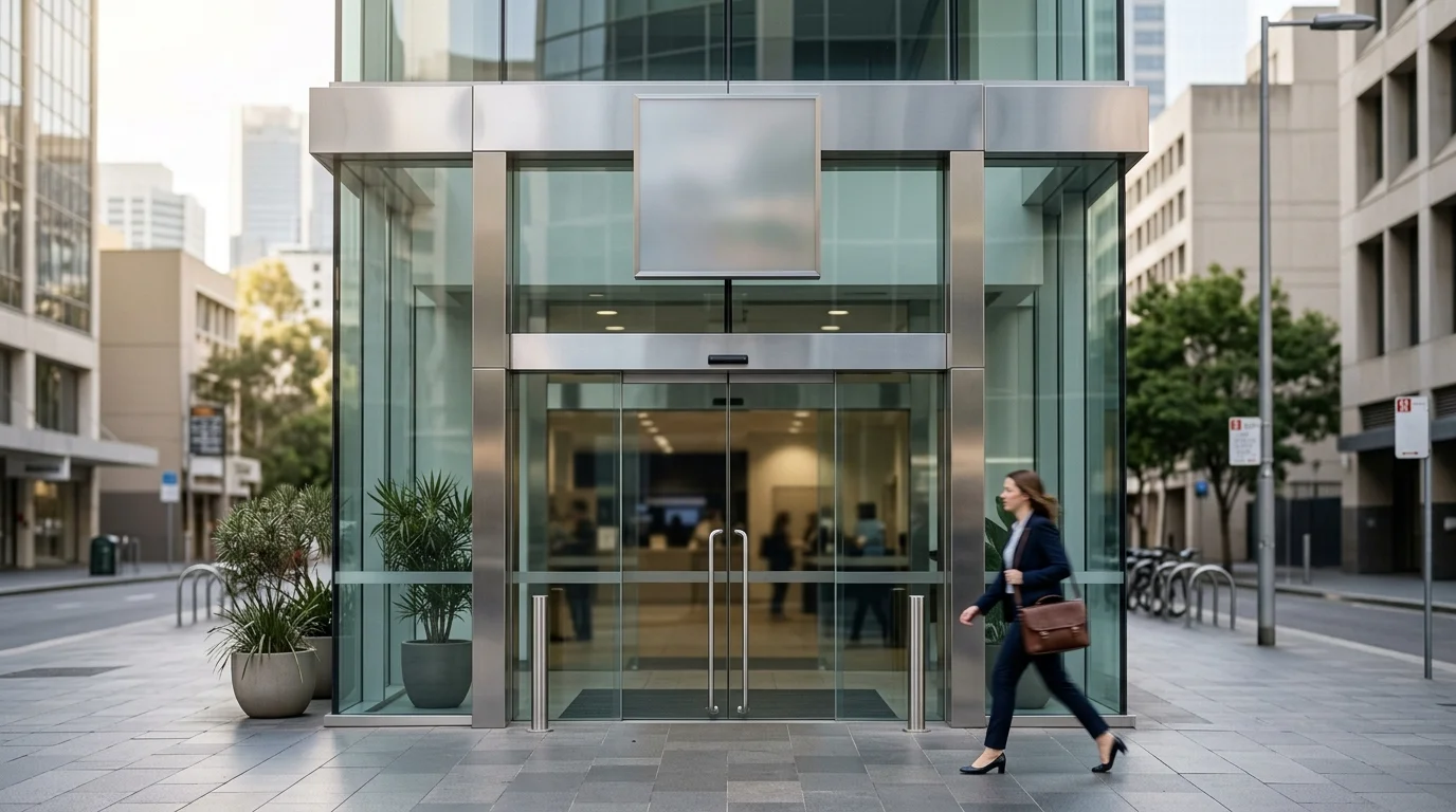Clean photograph of the entrance frontage of an Australian Big 4 bank branch on a city street, brand signage softly out of focus, urban daylight.