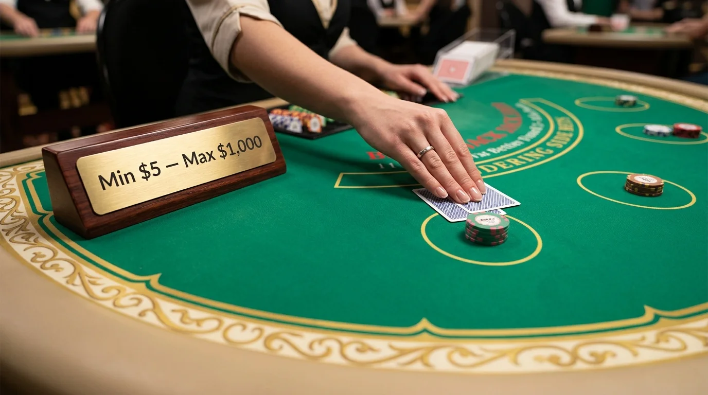 Live blackjack table with minimum and maximum bet limit signage on the side of the green felt surface