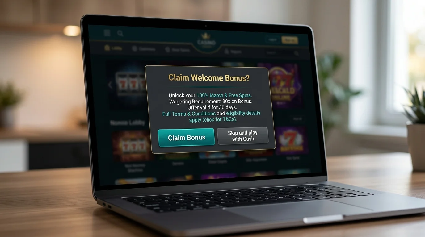 Online casino modal asking the new player to claim or skip the welcome bonus before the first deposit completes