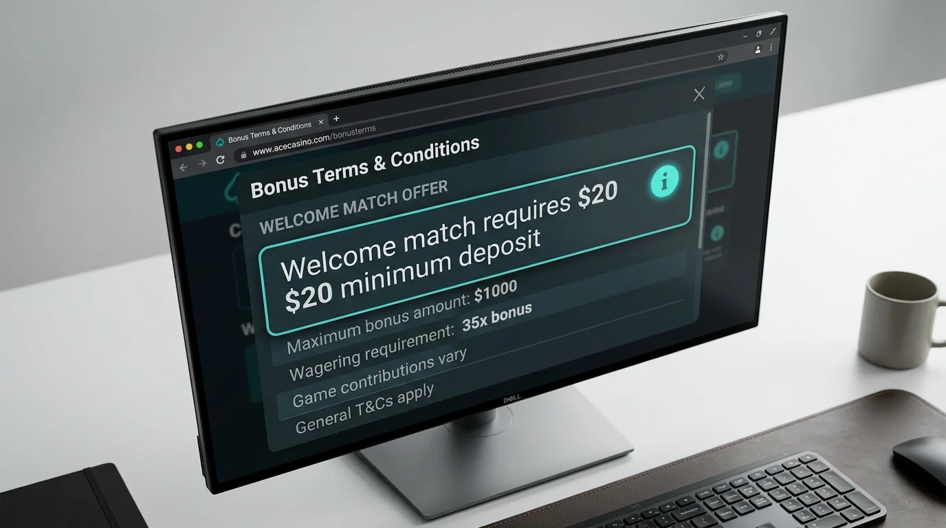 Casino bonus eligibility screen showing a twenty-dollar minimum to activate the welcome match offer on a desktop