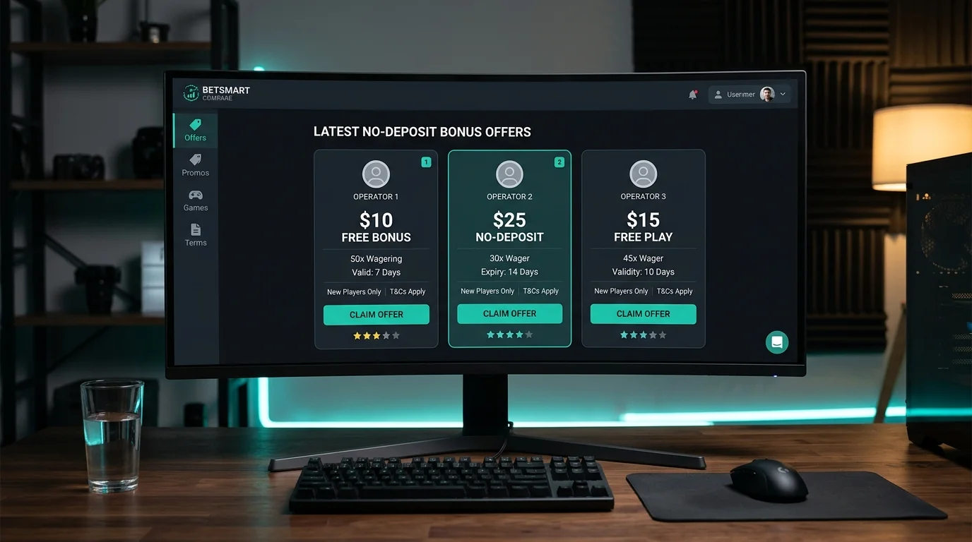 Comparison grid of three no-deposit bonus offers from different Australian online casinos on a dark dashboard