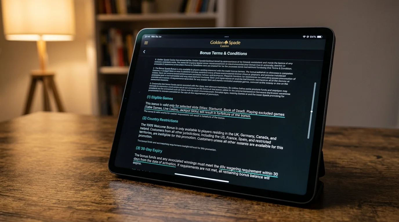 Online casino bonus terms and conditions screen with key clauses about eligible games and expiry visible