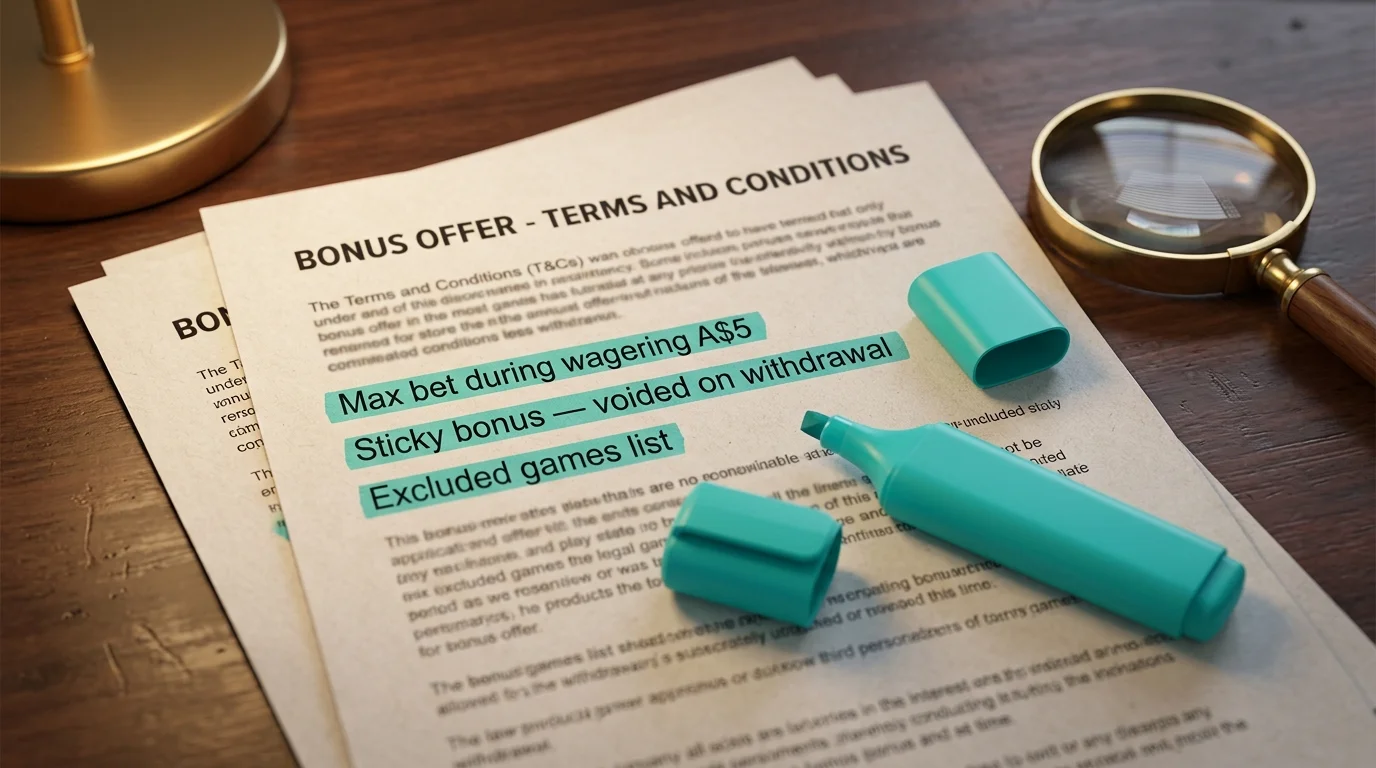 Bonus terms document highlighting max bet and sticky balance trap clauses