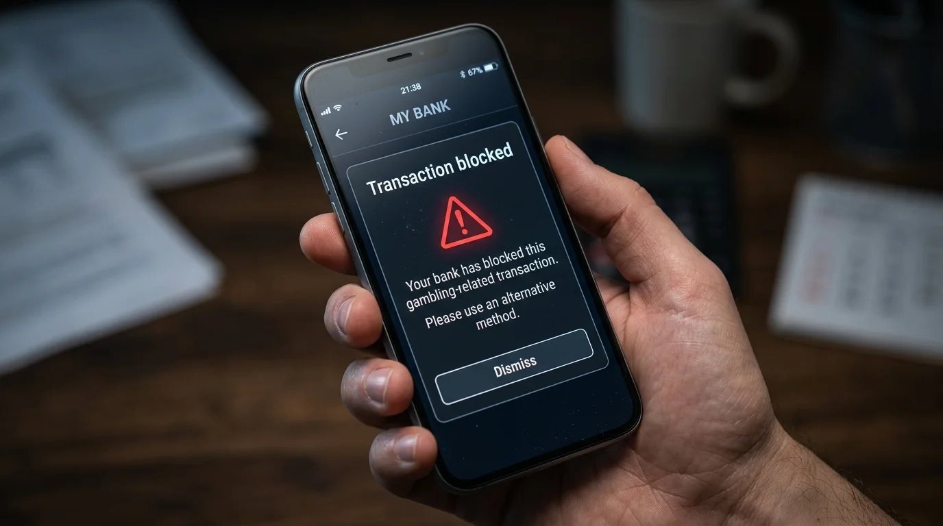 Phone showing card deposit blocked notice from bank gambling monitoring