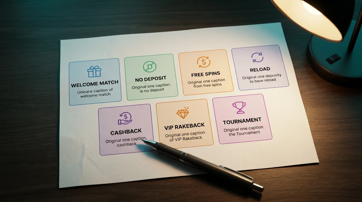 Overview of casino bonus categories with welcome match and free spins