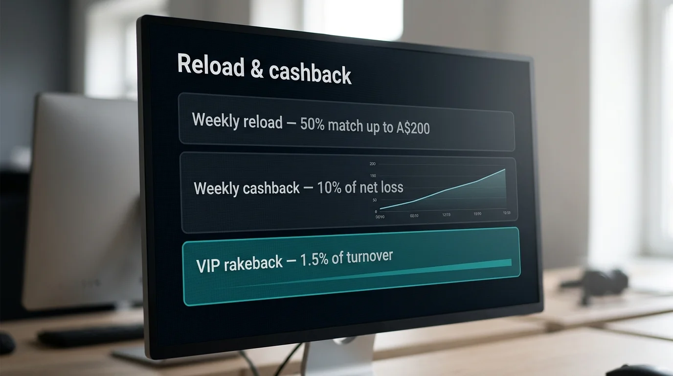Weekly cashback and reload bonus dashboard with VIP rakeback metrics