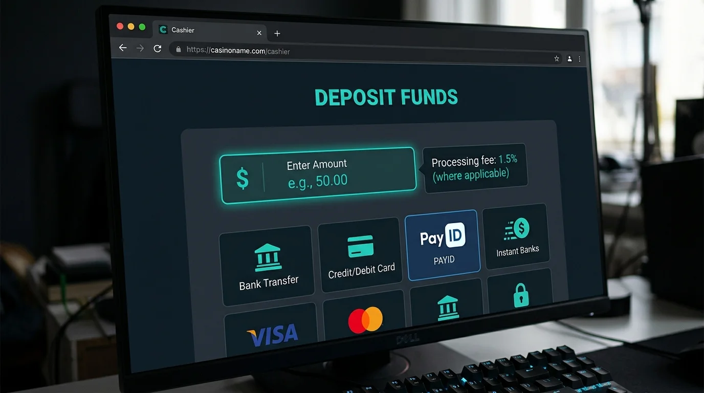 Online casino cashier showing a small processing fee tooltip beside the deposit amount field on a desktop browser