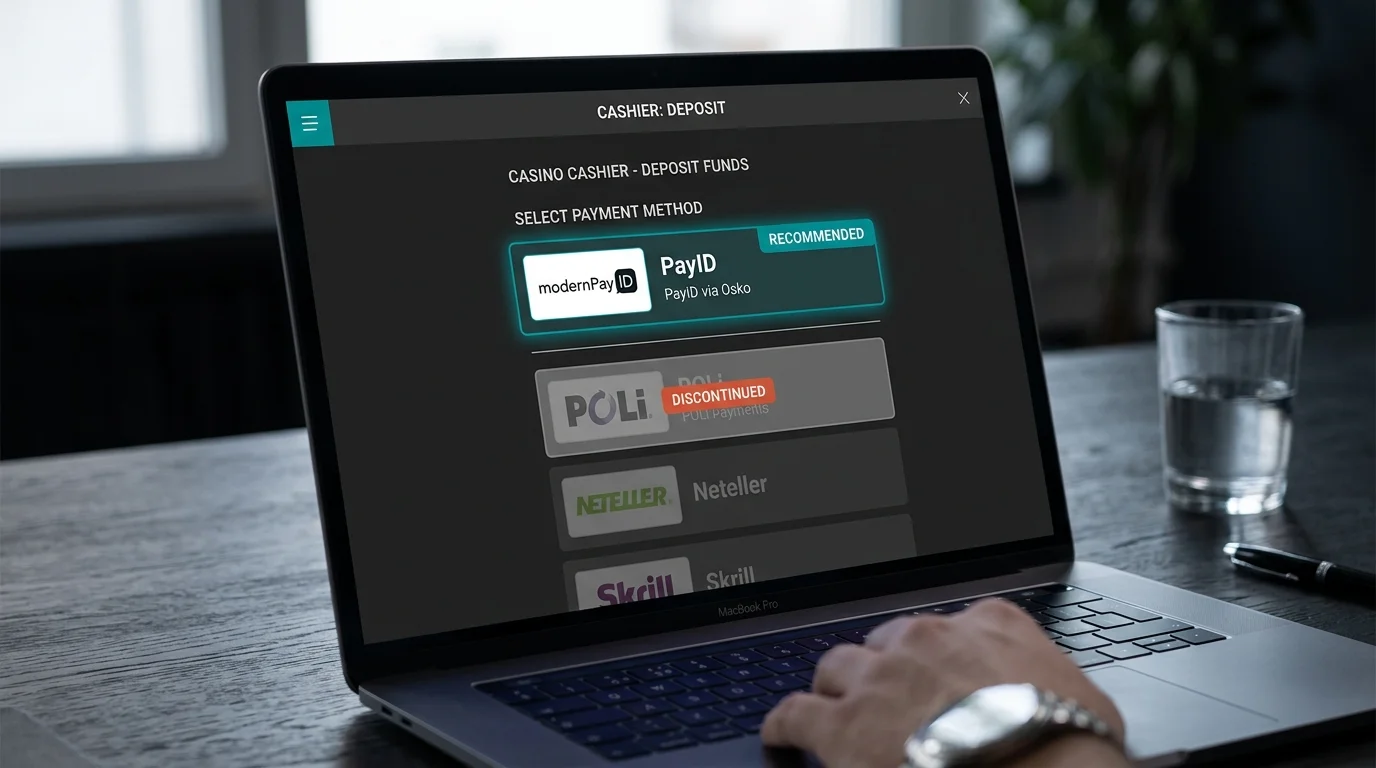 Online casino cashier interface during the transition period with POLi removed and PayID listed as the new default