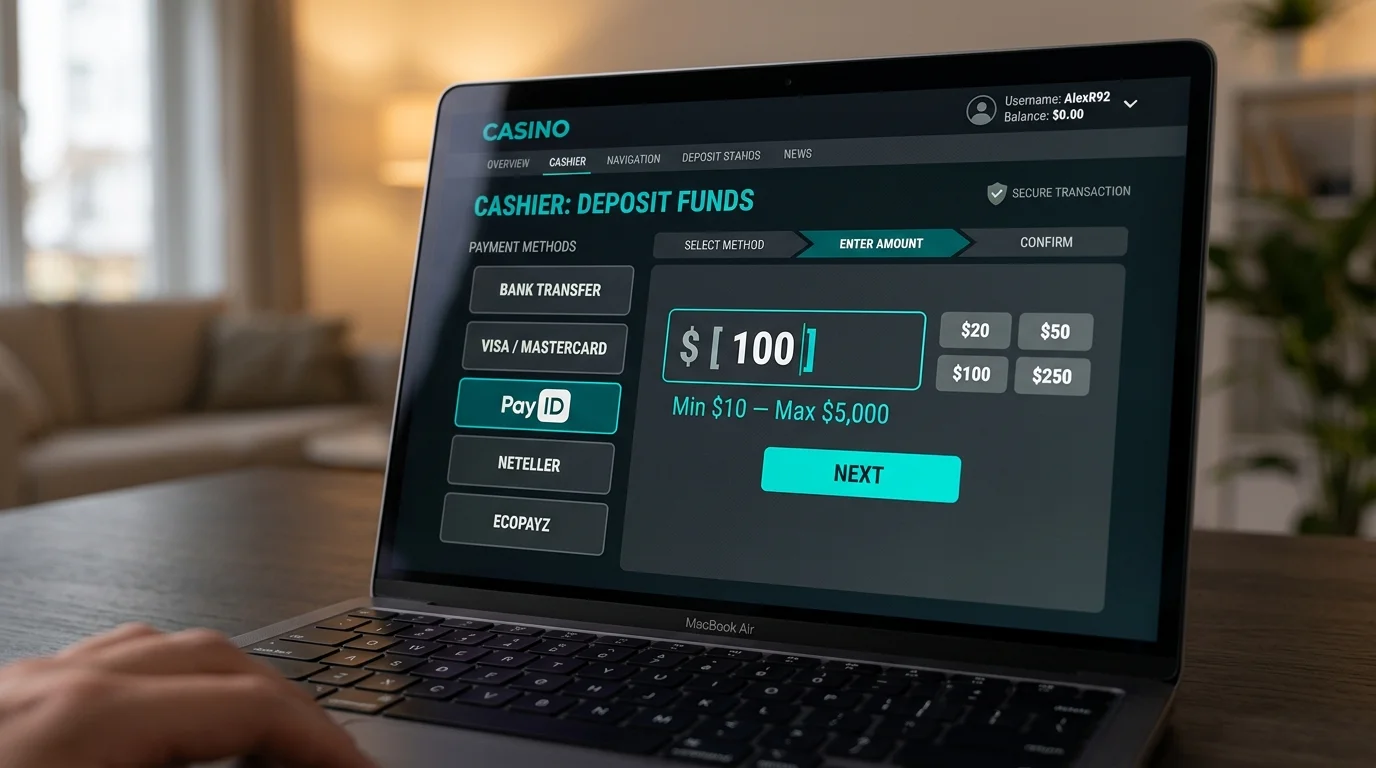 Online casino cashier showing a deposit amount field with minimum and maximum thresholds noted below it