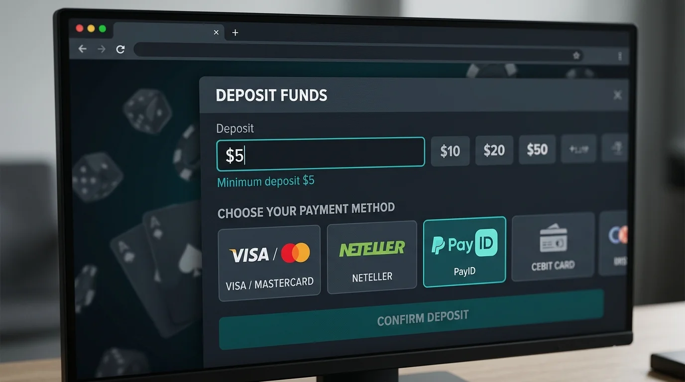 Online casino cashier highlighting a five-dollar minimum deposit notice below the amount field on a desktop browser