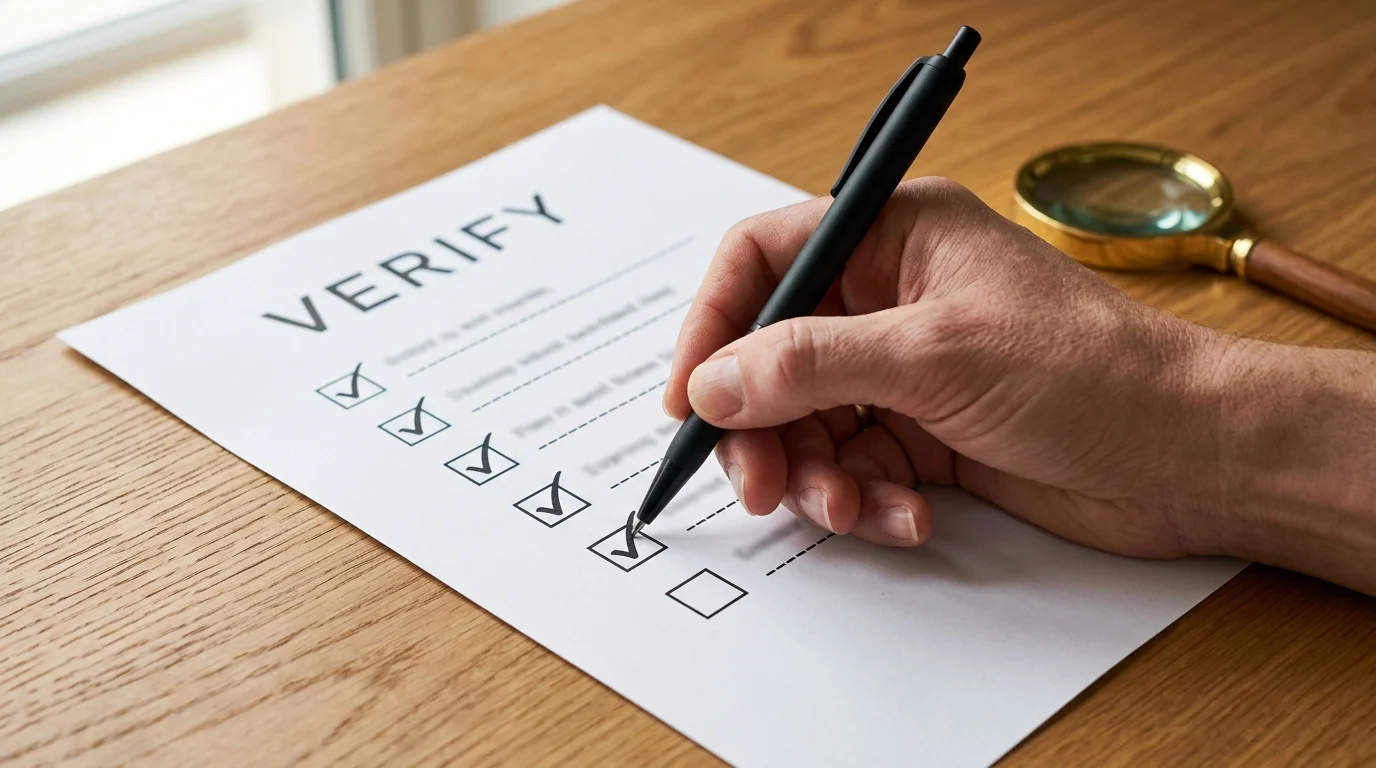 Hand holding a pen beside a printed checklist on a wooden desk, the sheet headed with the word verify and several ticked items visible.