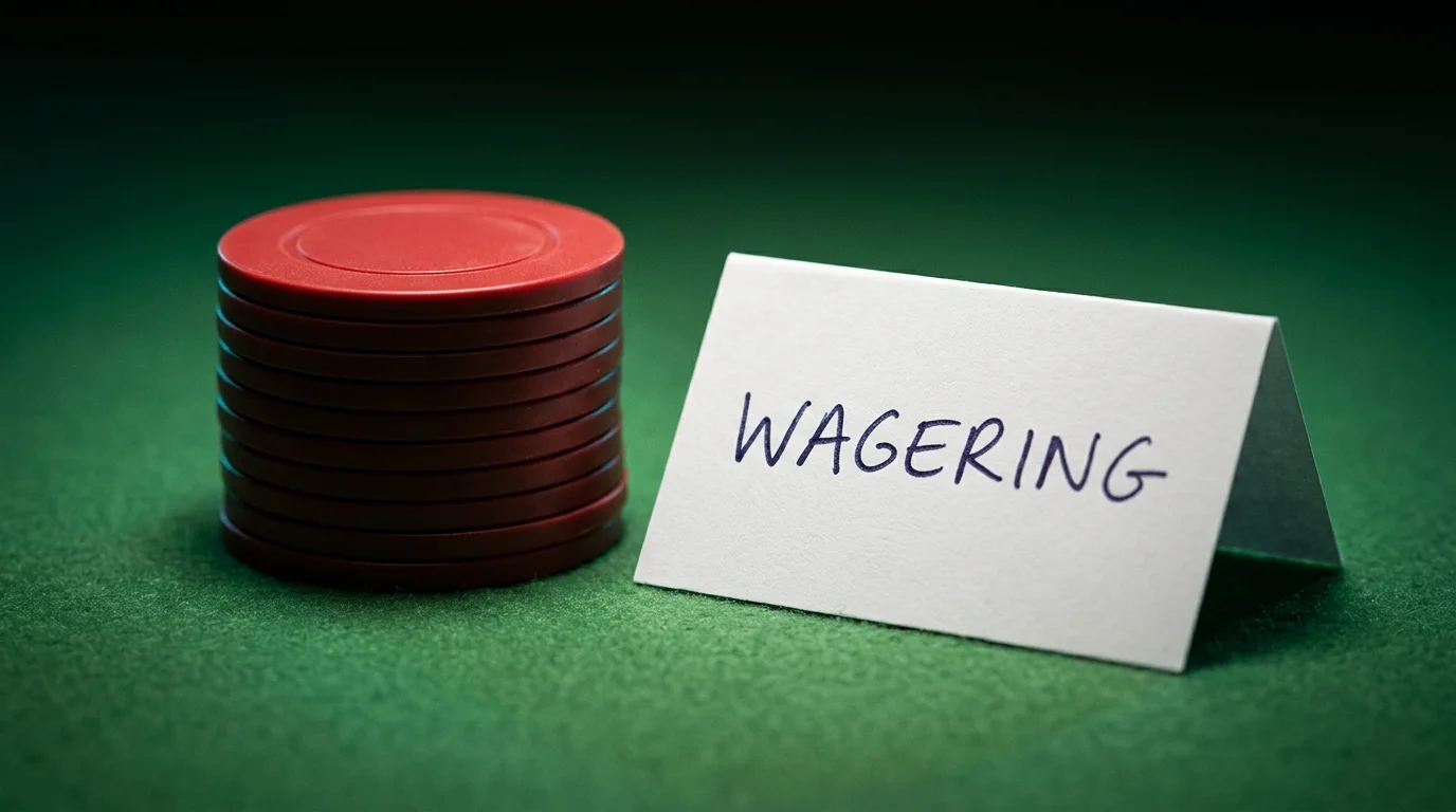 Stack of plain casino chips on a green felt surface beside a folded paper labelled wagering, deliberately dim and editorial in mood.