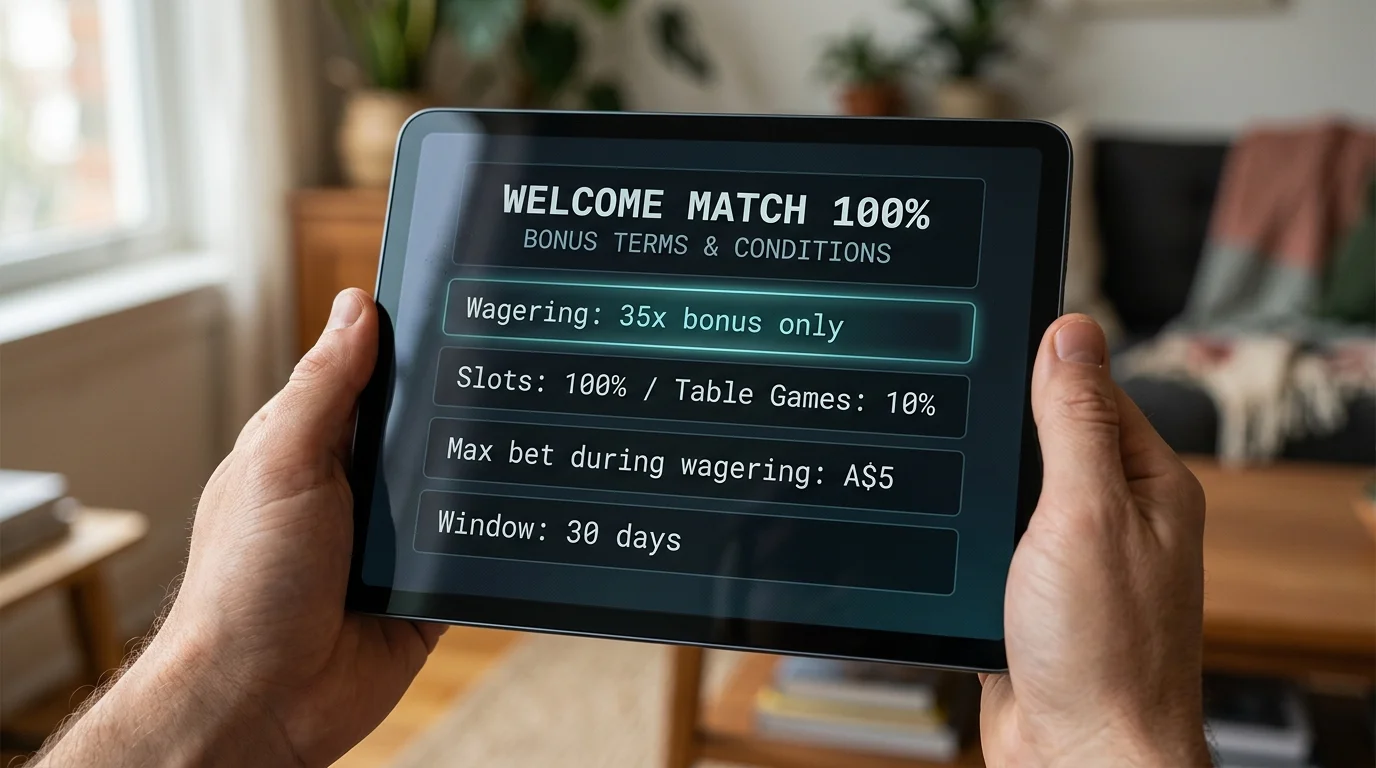 Welcome bonus terms panel with wagering multiplier and contribution table