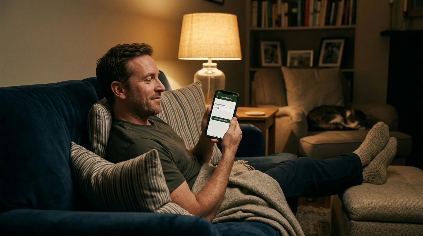 Casual player making a small low-risk casino deposit through a smartphone on the couch during a quiet evening