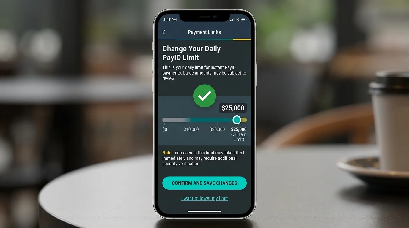 Banking app daily PayID transfer limit being raised to the maximum twenty-five-thousand-dollar tier on a smartphone