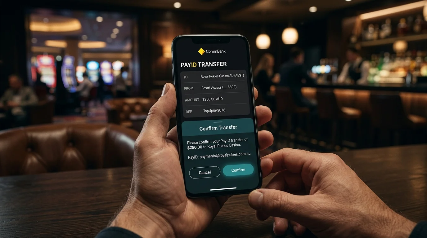 CommBank-style mobile app PayID transfer screen with confirmation overlay on a smartphone in a dark interface