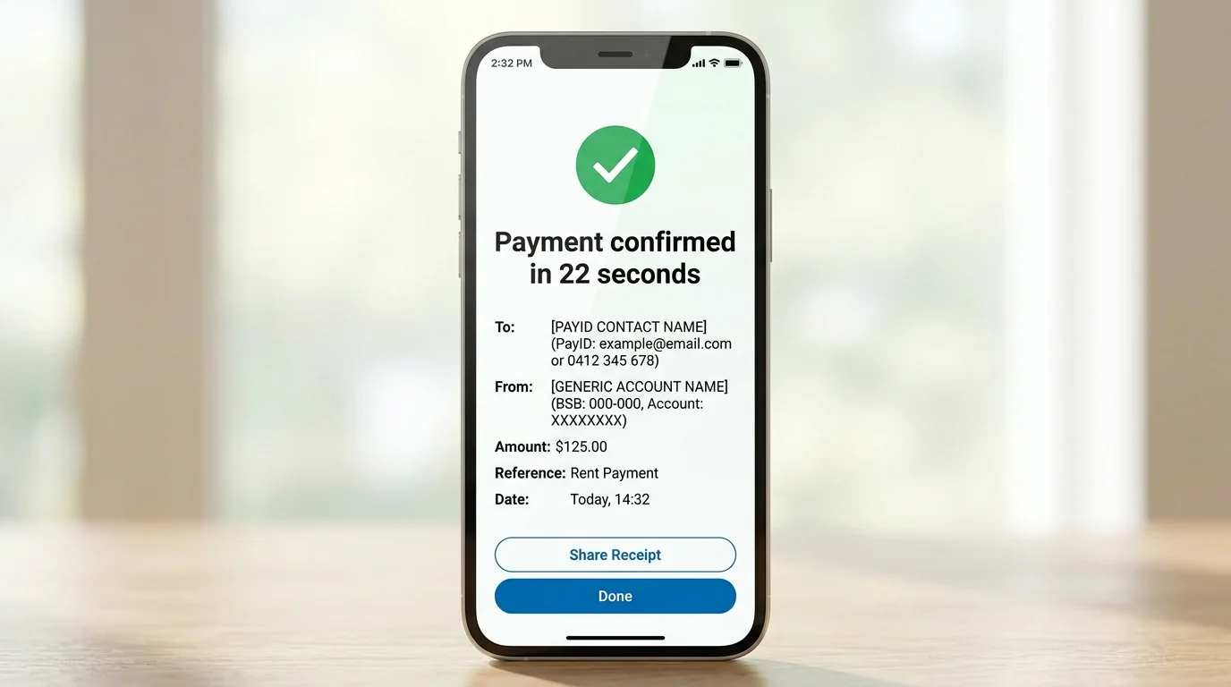 Successful PayID deposit confirmation in a generic CommBank-style app showing the transfer time as twenty-two seconds