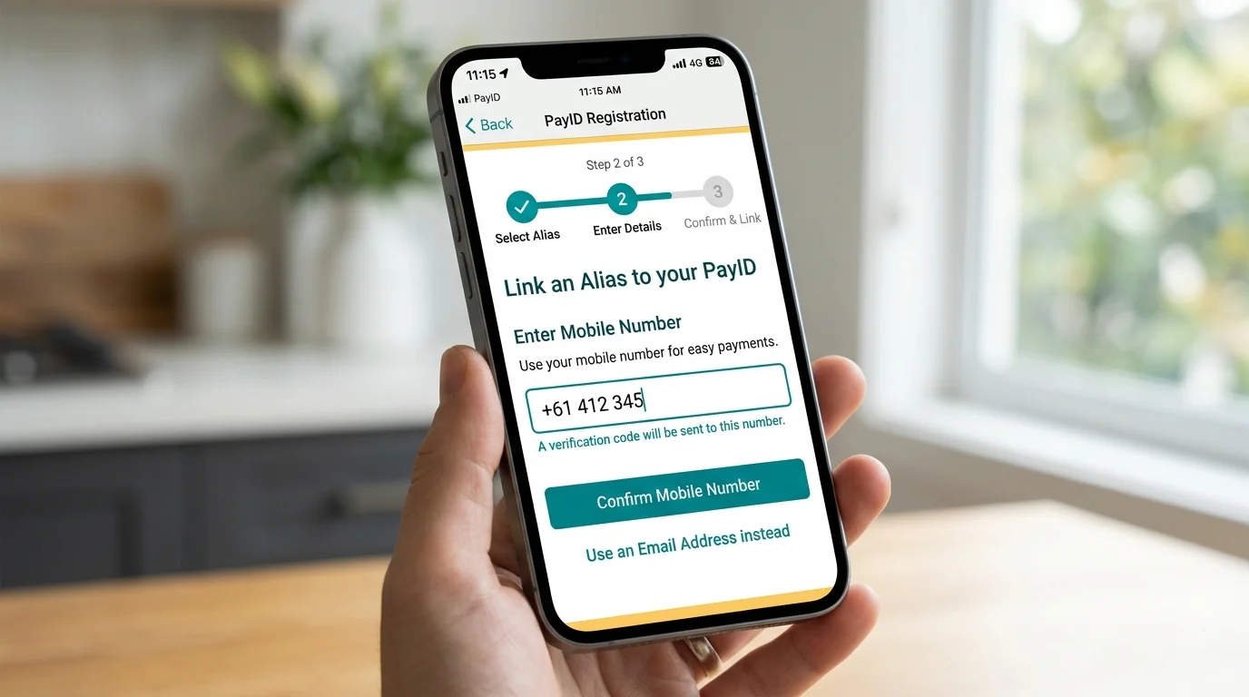 Generic Australian banking app PayID registration screen showing a mobile number alias being confirmed