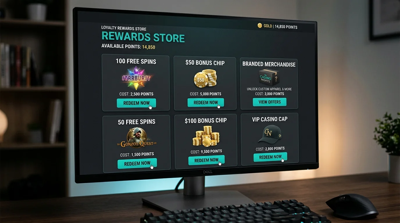 Comp points redemption screen at a casino loyalty store showing items like free spins and bonus chips
