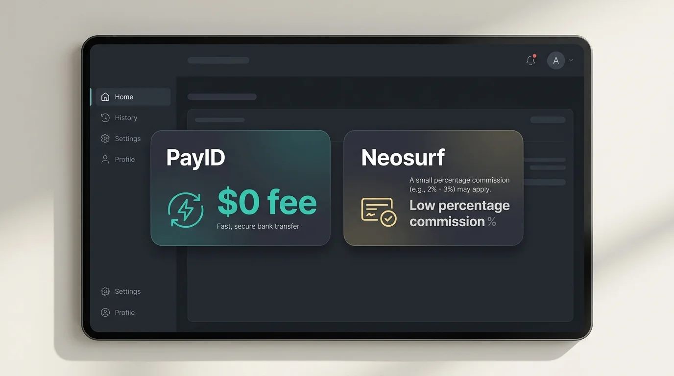 Comparison callout showing zero-fee PayID transfer beside a small Neosurf voucher commission on a dark dashboard
