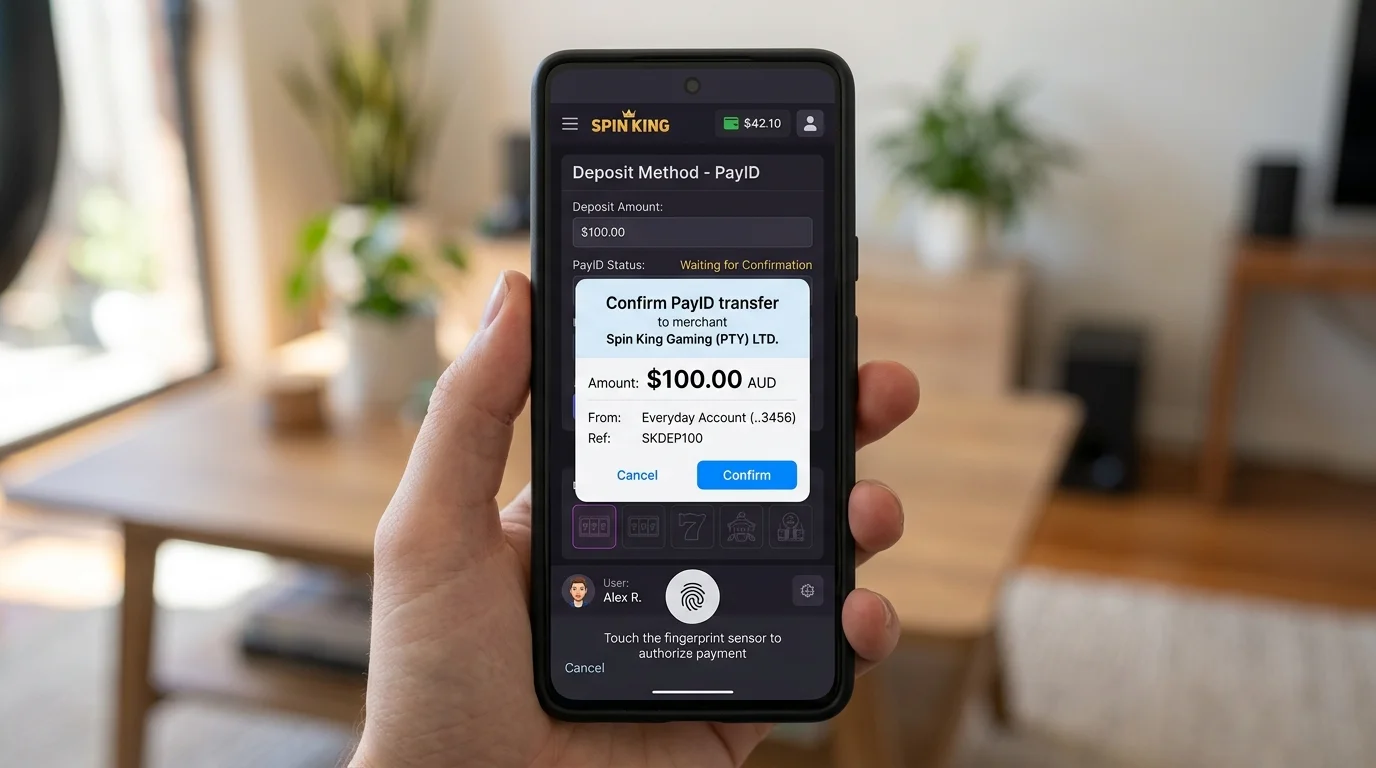 Smartphone screen showing a banking app overlay confirming a PayID deposit launched from a casino PWA on iOS