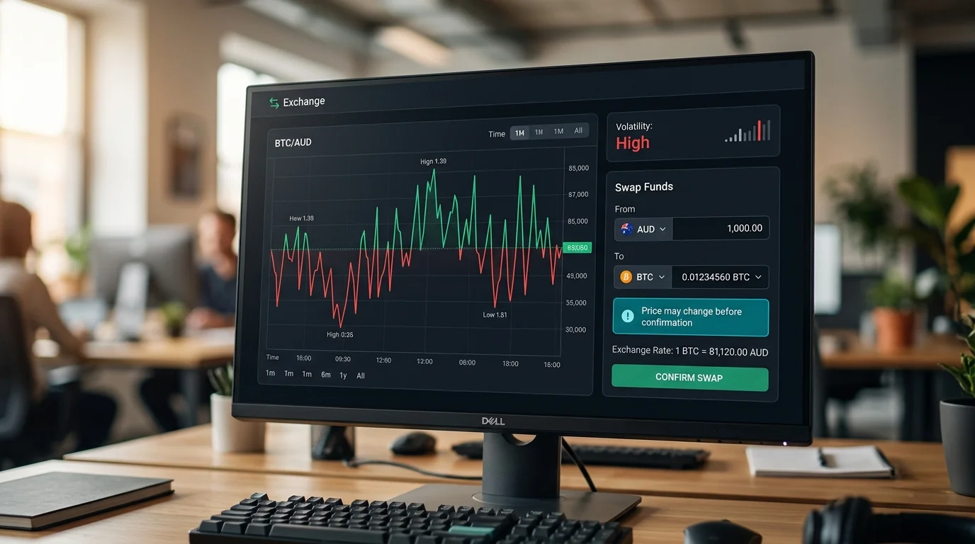 Crypto on-ramp exchange screen with volatility warning before casino deposit