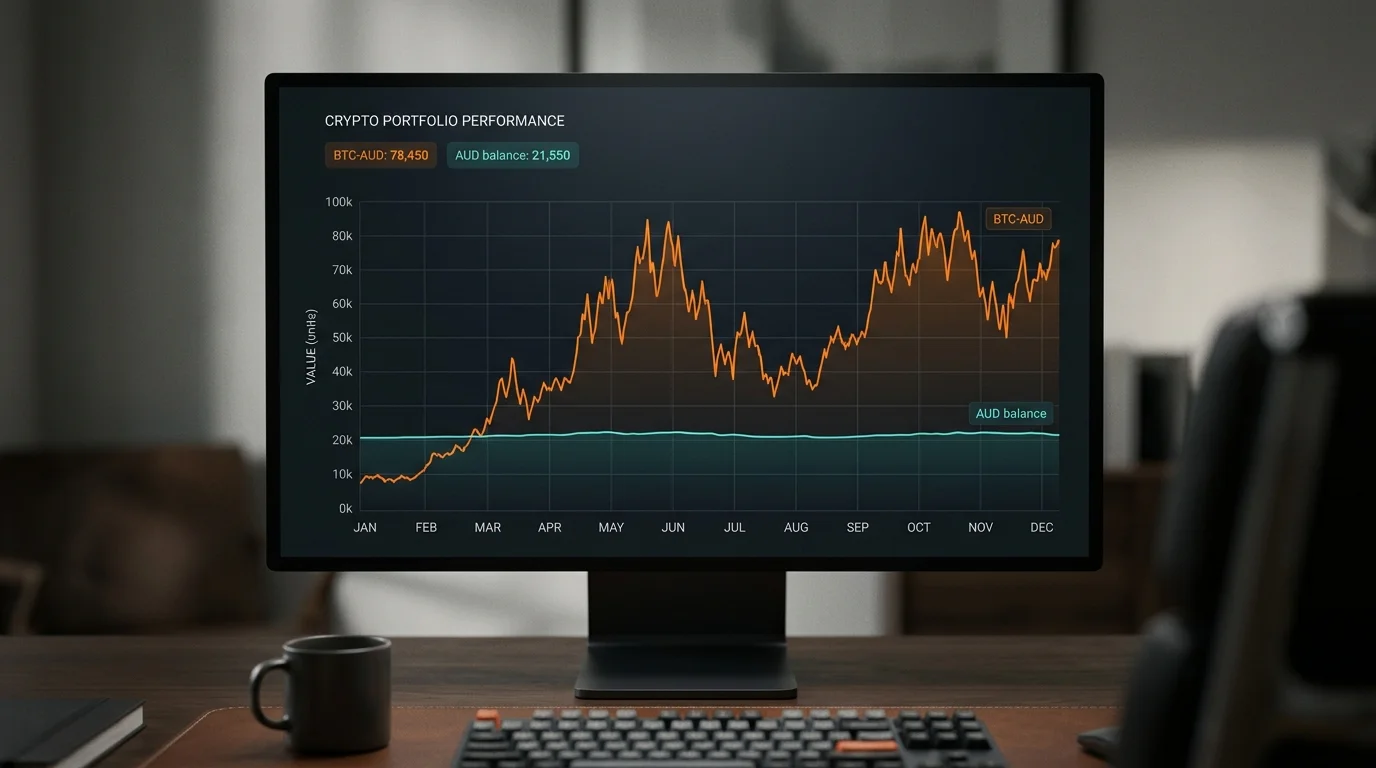 Cryptocurrency price volatility chart showing sharp swings beside a steady AUD balance line on a dark dashboard