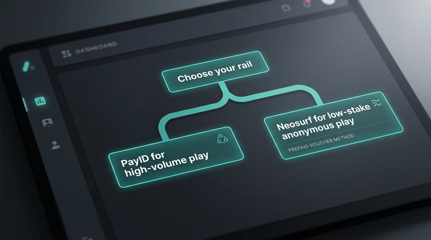 Decision flowchart helping a player choose between PayID and Neosurf based on stake size and anonymity needs