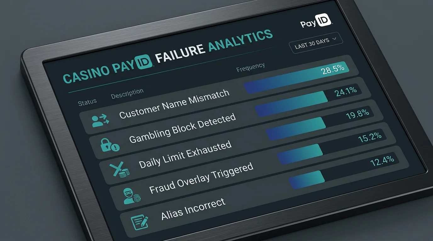 Frequency list of top reasons CommBank PayID casino deposits fail on a dark editorial dashboard