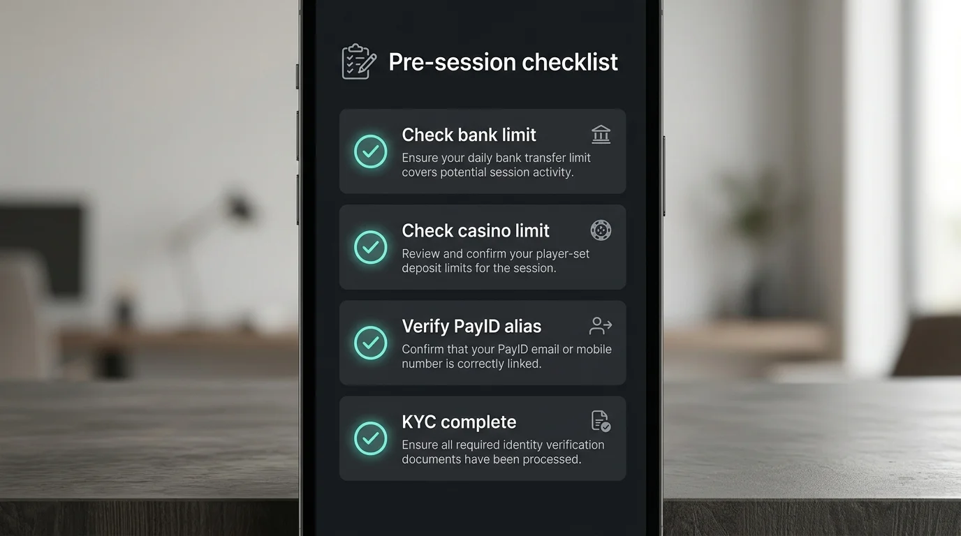 Dark dashboard checklist with green ticks beside bank limit, casino limit, alias and KYC pre-session items
