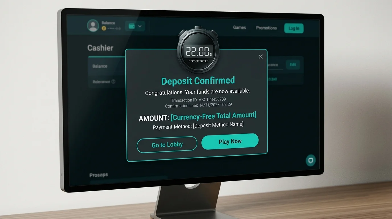 Stopwatch overlay timing a fast deposit confirmation on a casino cashier interface in a dark dashboard